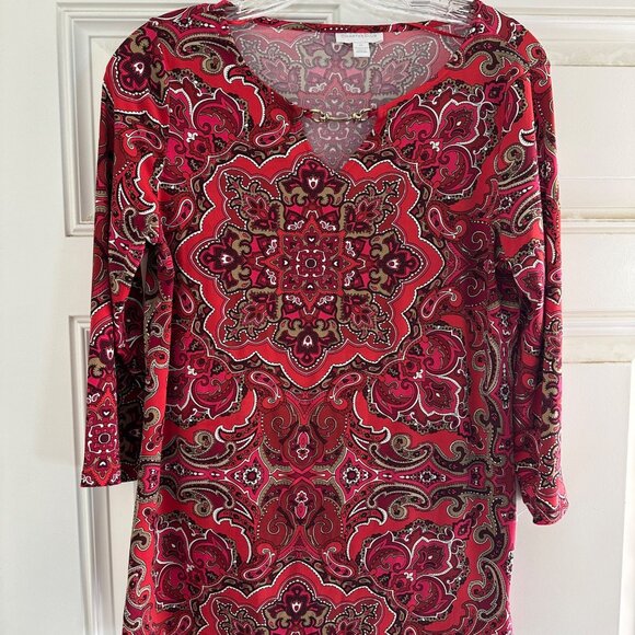 Charter Club Womens V-Neck Red Paisley Tunic Dress With 3/4 Sleeves - Picture 2 of 6